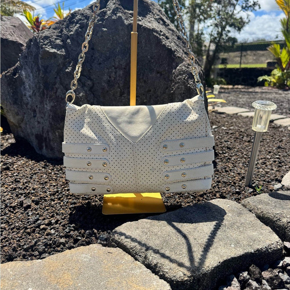 Jimmy Choo Egg Shell White Leather Perforated Shoulder Bag with Buckle Detail - Picture 7 of 17